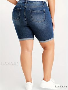 Lasaky - Premium Plus Size Womens Casual Denim Shorts - Button Fly, Ripped, Roll Up, with Slight Stretch Stretch Denim Bottoms With Buttons, Denim Jean Shorts With Buttons, Denim Jeans Shorts With Buttons, Short Denim Jeans With Button Closure, Denim Jeans With Buttons In Short Length, Medium Wash Short Length Jeans With Buttons, Short Length Denim Jeans With Buttons, Short Length Medium Wash Jeans With Buttons, Dark Wash Buttoned Short Length Jeans