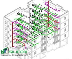 an architectural drawing of a building with various pipes and piping lines on the side