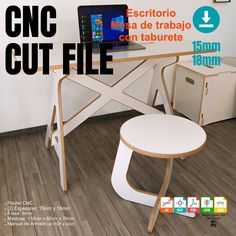 an advertisement for a laptop computer sitting on a desk with the words cnc cut file next to it