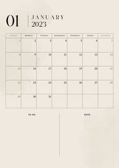 a wall calendar with the date of january in black and white, on a beige background