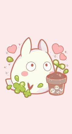 a cartoon bunny holding a potted plant with hearts flying around it's head