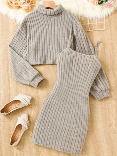 2pcs/Set Teen Girls Beige Textured Knit Turtleneck Long Sleeve Sweater Dress Casual Warm Outfit For Fall Khaki     Plain  Medium Stretch  Teen Girls Clothing, size features are:Bust: ,Length: ,Sleeve Length: Cute Christmas Outfits, Sweater Dress Casual, Cheap Sweaters, Long Sleeve Sweater Dress, Cute Fall Outfits, Cute Everyday Outfits, Warm Outfits, Dresses For Teens