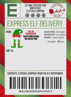 the elf christmas coup card is shown in red and green striped paper with an elf's hat on it