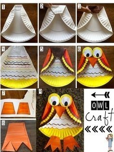 how to make an owl paper plate craft with pictures and instructions for making the bird out of construction paper plates