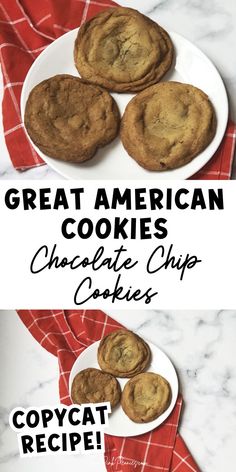 two plates with cookies on them and the words great american cookies chocolate chip cookies