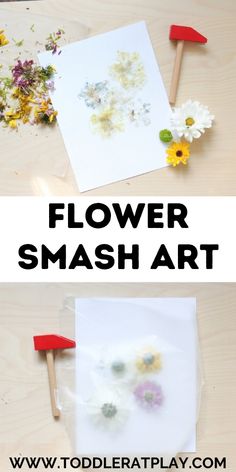 flower smash art for toddlers to make with flowers and popsticks on the table