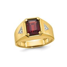 A rich red emerald-cut rich red garnet gemstone 9x7mm 2.65 carats (ctw), the featured birthstone of January is supported on both sides by tiny sparkling diamonds in a 14 yellow gold foundation making this simple and elegant Men's ring a must have for him. Mens 2.65 Carat (ctw) Garnet Ring in 14K Yellow Gold with Accent Diamonds Size: one size.  Gender: male.  Age Group: adult. Classic Red Signet Ring For Formal Occasions, Classic Burgundy Ruby Ring For Formal Occasions, Classic Garnet Signet Ring For Formal Occasions, Classic Garnet Signet Ring For Anniversary, Classic Ruby Ring With Rectangular Stone For Anniversary, Classic Red Garnet Signet Ring, Formal Red Ruby Ring With Rectangular Stone, Classic Burgundy Ruby Ring, Classic Emerald Cut Ruby Ring With Polished Finish