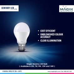 an advertisement for a light bulb with the words cost efficient unbreakled color clear illumination