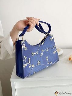 BirdinBag - PU Baguette Bag with Elegant Floral Embroidery Bags Sewing, Mulberry Bag, Blue Purse, Baguette Bag, Bag Patterns To Sew, Elegant Floral, Bag Bag, Sewing Bag, Medium Blue