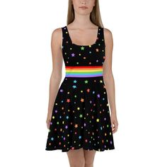 This dress is printed with rainbow belt and stars on black and is the most magical dress in the galaxy! Wear this dress to rave, festival, party or on a casual adventure. This flowy, flared style is super flattering on everyone! * 82% polyester, 18% spandex * Fabric weight: 6.78 oz/yd² (230 g/m weight may vary by 5% * Smooth and elastic fabric * Mid-thigh length flared skirt * Elastic waistline * Overlock seams, coverstitch hemline * Blank product components sourced from China Style For Party, Rainbow Belt, Rainbow Belts, Magical Dress, Rainbow Brite, Party Summer, Rave Festival, Elastic Fabric, Flared Skirt