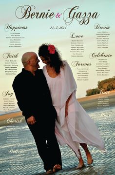 a man and woman standing next to each other on the beach in front of water