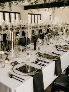 Tall Black And White Wedding Centerpieces, Silver And Black Wedding Decorations, Black Gold And Ivory Centerpieces, Candle Table Wedding Decor, Black Table Runner Wedding Round Table, Classy Black Wedding Decor, Classic Black And White Wedding Tablescape, Black White Silver Table Setting, Simple Black Wedding Table Decor