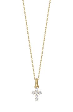 Add meaning to everyday ensembles with this 18-karat-gold necklace handcrafted with a diamond cross pendant. 18" length, 1/8" diameter Total diamond weight: 0.06ct. Color: G Clarity: VS 18k gold/diamond Made in Spain >Diamond Guide Yellow Gold Diamond Cross Pendant Necklace, Yellow Gold Cross Pendant Necklace With Cable Chain, Gift Diamond Cross Pendant Necklace With Single Cut Diamonds, Diamond Necklace With Single Cut Cross Pendant For Gift, Gift Diamond Necklace With Single Cut Cross Pendant, Yellow Gold Pendant Cross Necklace With Diamond Accents, Yellow Gold Cross Pendant Necklace With Brilliant Cut, Yellow Gold Cross Pendant Necklace With Diamond Accents, Elegant Yellow Gold Diamond Necklace With Cross Pendant