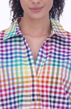 Rainbow gingham checks brighten a wrinkle-resistant cotton poplin shirt framed by a breezy spread collar and three-quarter sleeves. 26" length Slips on over head Spread collar Three-quarter sleeves with button cuffs 100% cotton Machine wash, tumble dry Imported Multicolor 3/4 Sleeve Shirt For Summer, Spring Gingham Shirt With Spread Collar, Spring Plaid Shirt With Placket, Multicolor Collared Shirt For Daywear, Rainbow Gingham, Shirt Stays, Popover Shirt, Back Day, Cotton Poplin Shirt