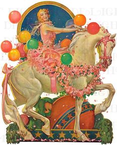 an illustration of a woman riding on the back of a white horse with balloons around her