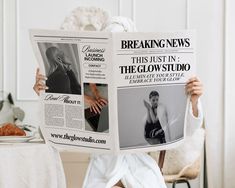 a woman sitting in a chair while holding up a news paper to her face with the caption breaking news this just in the glow studio