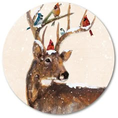 a painting of a deer with birds on its antlers