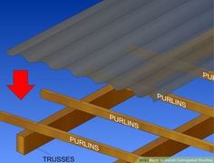 the structure of a roof is shown with different types of beams and wood planks