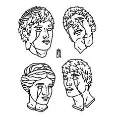 four different faces drawn in black and white, each with one man's head