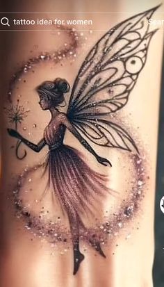 a woman's tattoo with a fairy on her stomach and the words, i tattoo idea for women