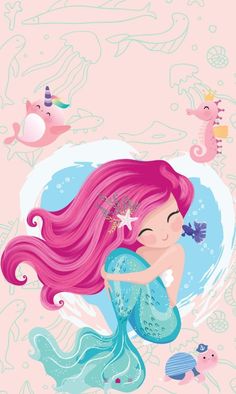 a little mermaid with pink hair sitting on top of a blue and pink wallpaper