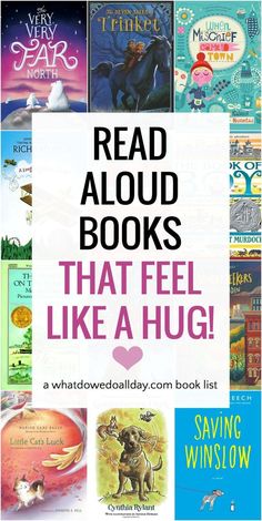 the cover of read aloud books that feel like a hug, with an image of children's books