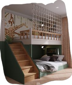 there is a bunk bed in the middle of this room with stairs leading up to it