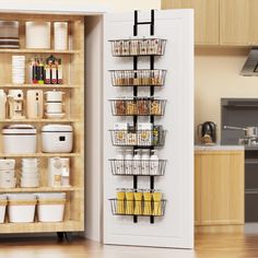 an organized pantry in a kitchen next to a cabinet with baskets and containers on it