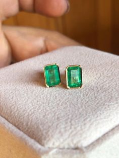 Luxury Green Emerald-cut Earrings, Emerald Cut Yellow Gold Earrings For Gift, Green Gia Certified Fine Jewelry Earrings, Gia Certified Green Fine Jewelry Earrings, Gia Certified Green Earrings Fine Jewelry, Gia Certified Green Earrings In Fine Jewelry Style, 14k Gold Gemstone Earrings With Emerald Cut, 14k Gold Emerald Cut Gemstone Earrings, 14k Gold Emerald-cut Gemstone Earrings