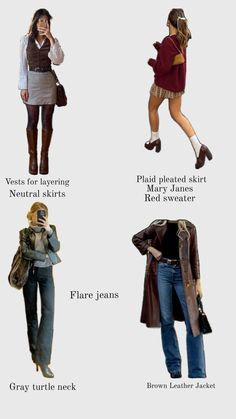 Plaid Pleated Skirt, Autumn Fits, Brown Leather Jacket, Jean Grey, Red Sweaters, Flare Jeans, Pleated Skirt, Brown Leather, Turtle Neck