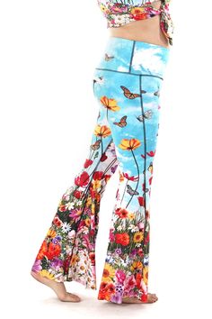 Yoga Democracy Eco-friendly bell bottoms in flower bomb print Trendy Flare Yoga Pants For Spring, Trendy Flared Yoga Pants For Spring, Spring Flared Yoga Pants, Spring Yoga Pants With 4-way Stretch, 4-way Stretch Yoga Pants For Spring, Spring Yoga Activewear Full Length, Spring 4-way Stretch Yoga Pants, High Stretch Flare Pants For Spring, Full Length Yoga Pants For Spring