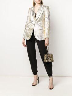 Shop gold & silver Dolce & Gabbana metallic textured blazer with Express Delivery - Farfetch Luxury Gold Evening Blazer, Designer Gold Blazer For Formal Occasions, Designer Gold Blazer, Designer Gold Blazer For Party, Designer Evening Blazer With Notch Lapel, Designer Single-breasted Gold Blazer, Designer Notch Lapel Blazer For Evening, Gold Single-breasted Blazer For Evening, Luxury Evening Blazer For Fall