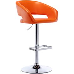 an orange modern bar stool with chrome base and footrests, viewed from the front