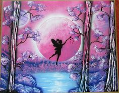 a painting of a fairy on a pink background with trees and water in the foreground