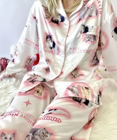 Kawaii Pajamas Pajamas Girl, Kawaii Pajamas, Hello Kitty Print, Satin Pajama Set, Personalized Pajamas, Cute Pajama Sets, Satin Set, Satin Pajama, Y2k Clothing