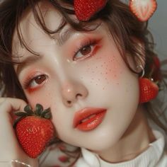 Strawberry Makeup Look Korean, Strawberry Shortcake Eye Makeup, Apple Makeup Look, Strawberry Shortcake Makeup Ideas, Strawberry Make Up Ideas, Cute Strawberry Makeup Look, Strawberry Themed Makeup, Strawberry Fairy Costume, Strawberry Girl Makeup