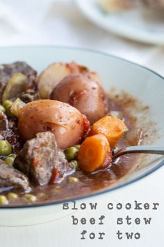 a bowl of hearty beef stew with carrots, potatoes and peas. Beef Stew For Two, Stew For Two, Beef Stew Cubes, Old Fashioned Beef Stew, Slow Cook Beef Stew, Slow Beef Stew, Slow Cooker Recipes Beef Stew, Tasty Beef Stew