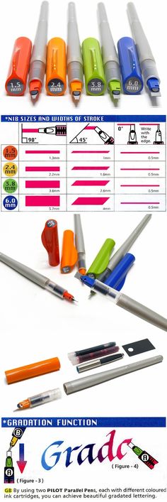 various pens and pencils are shown in this graphic style, with different colors on them