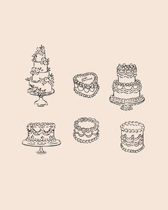 a line drawing of different types of cakes