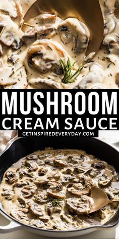 mushroom cream sauce in a skillet with spoons