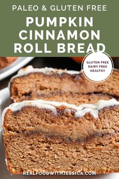 pumpkin cinnamon roll bread on a white plate with the title overlay reads palen, gluten free pumpkin cinnamon roll bread