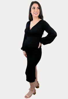 Maternity Dress with Bishop Sleeves - Sexy Mama Maternity Fitted Maternity Midi Dress, Maternity V-neck Ruched Dress, Elegant Fitted Maternity Dress For Brunch, Fitted Midi Length Maternity Dress, Elegant Stretch Maternity Dress, Chic Midi Maternity Dress For Brunch, Elegant Fitted Maternity Midi Dress, Knee-length Maternity Midi Dress, Elegant Fitted Midi Maternity Dress