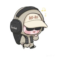 a cartoon character wearing headphones and a baseball cap with the word miki on it