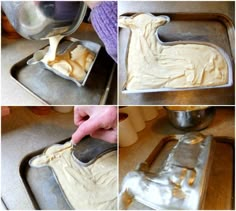 four pictures showing how to make batter in a pan