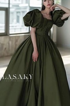 Lasaky - Exquisite Vintage Chiffon Evening Gown with Elegant Puff Sleeves - Perfect for Musical Performances and Film Showcases Look Gatsby, Princess Gown, Evening Dresses For Weddings, Custom Size Dresses, Green Prom Dress, Long A, Formal Gown, Green Satin, Formal Gowns