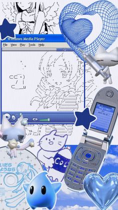 an image of a cell phone and other items on a computer screen with blue background