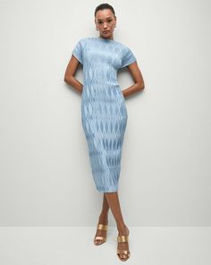 Gramercy Pleated Midi Dress in Light Blue | Veronica Beard Blue Veronica, Mosaic Pattern, Pleated Midi Dress, Nude Heels, Midi Dress With Sleeves, Fashion Plates, Veronica Beard, Funnel Neck, Cocktail Dresses