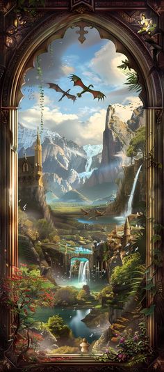 an image of a fantasy scene with mountains and waterfalls