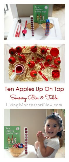 an image of children's crafts on top of a table with strawberries and apples