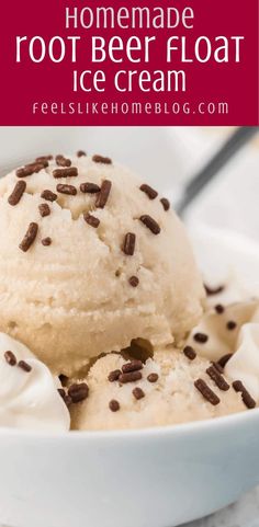 homemade root beer float ice cream in a white bowl with chocolate sprinkles